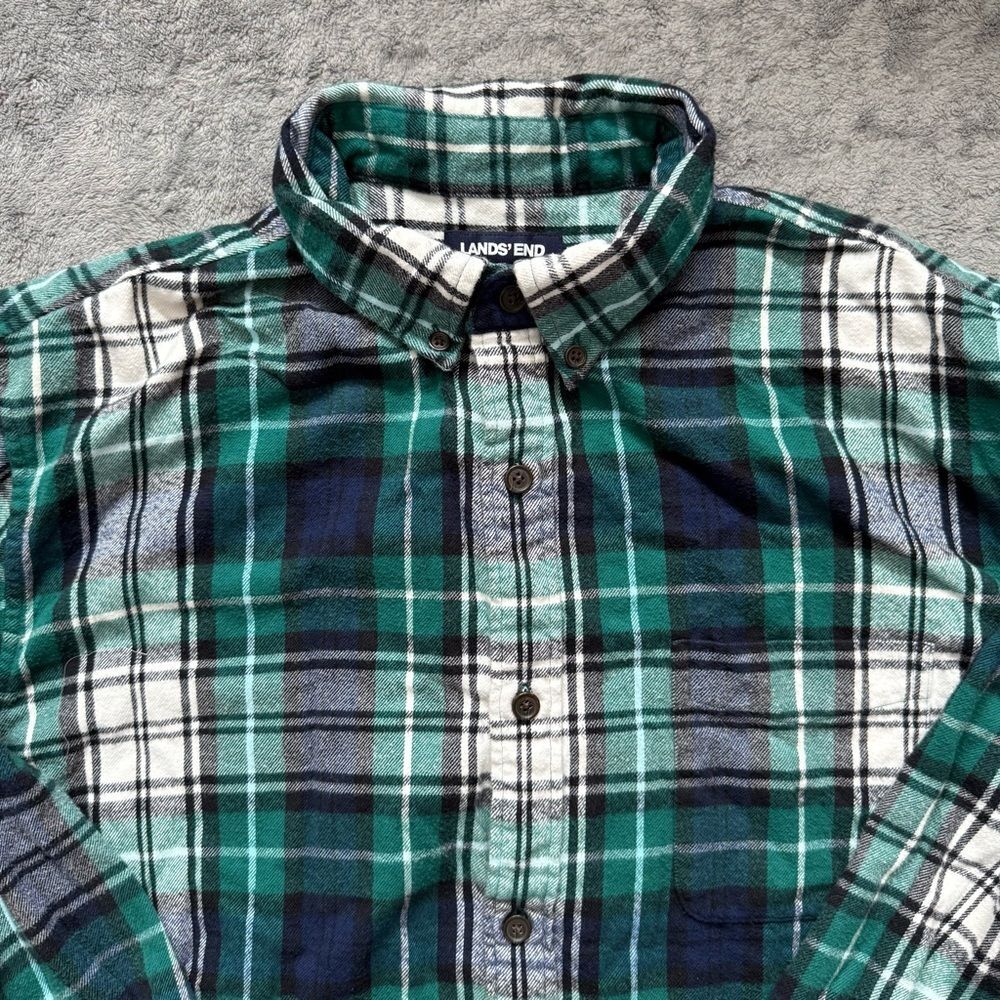 Men's Lands End Plaid Long‎ Sleeve Flannel Shirt Traditional Fit Layering Thick